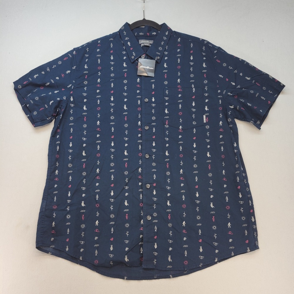 Eddie Bauer Kingston Shirt Mens XL Dark Blue Bigfoot Outdoor Print Cotton